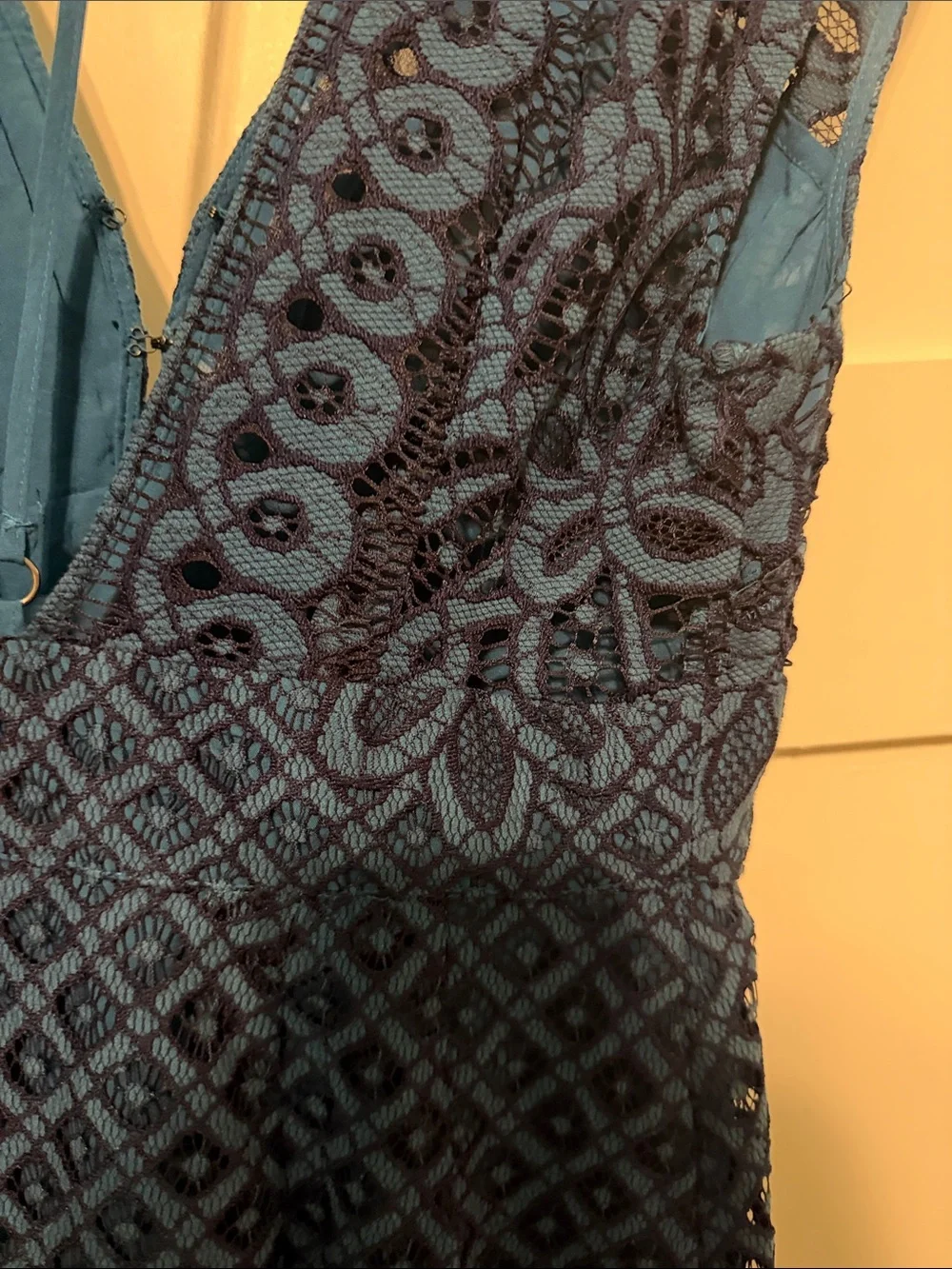 Free People One Million Lovers Teal Navy Crochet Lace V-Neck Mini Dress Size 4